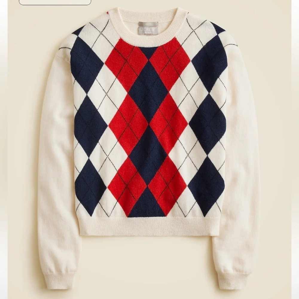 J crew ivory red Perfect cashmere crewneck sweater in argyle